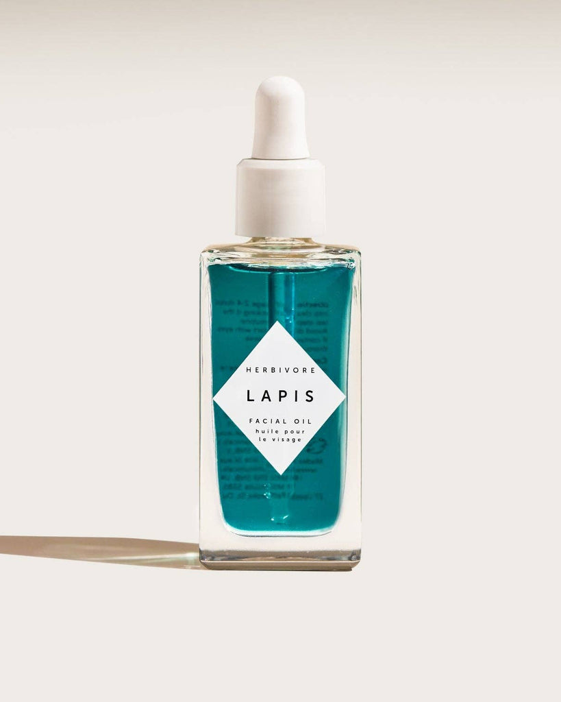 Herbivore Lapis facial oil bottle on a white background