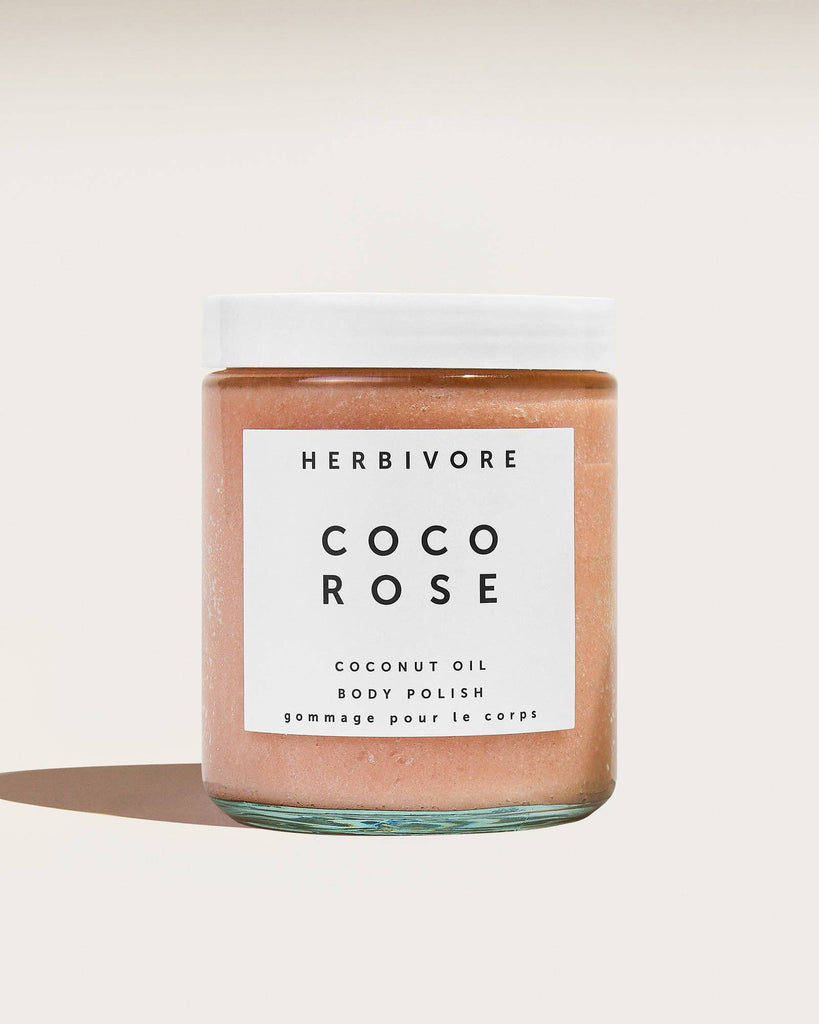 Herbivore Coco Rose coconut oil body polish on a white background