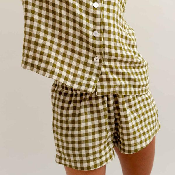 Botanical Green Gingham Linen Pajama Shorts Set - Banshee - Piglet