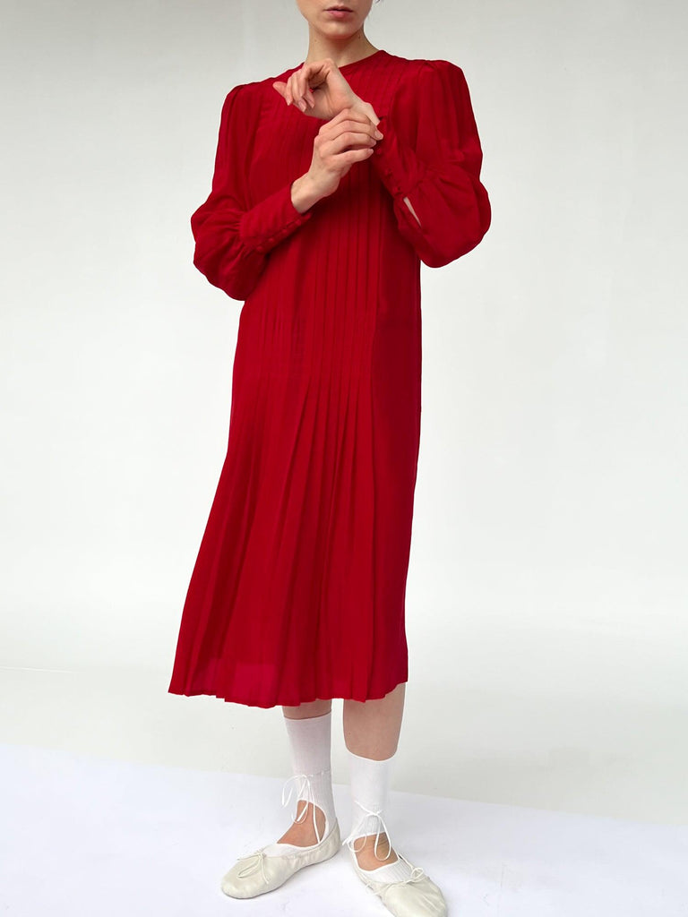 Red Silk Pleated Dress (M) - Banshee - Vintage