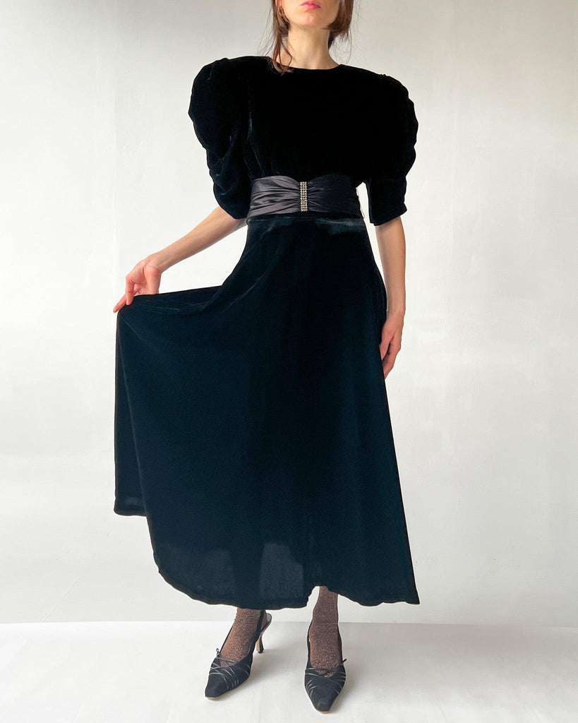Black Velvet Puff Sleeve Gown (S) - Banshee - Vintage