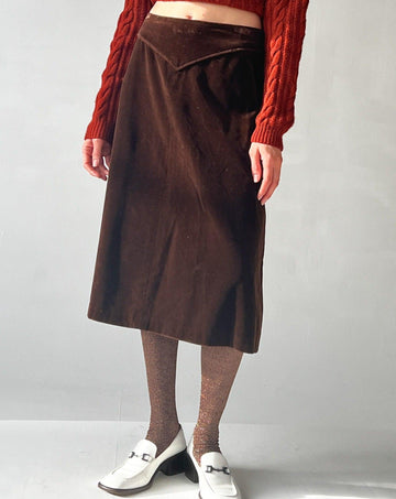 Chocolate Velvet Midi Skirt (L) - Banshee - Vintage